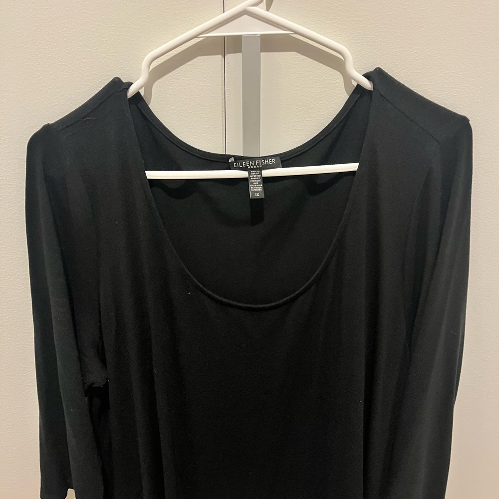 Eileen Fisher Black Women's Stretch Crewneck dress with lace trim - Picture 4 of 10